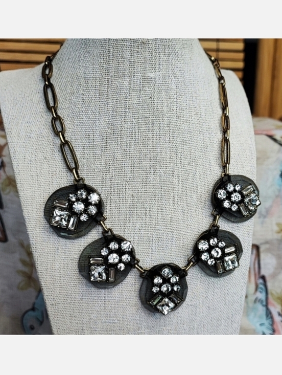 Unsigned Jewelry - Transparent Acrylic Smoke Clear Rhinestone Oxidized Brass Statement Necklace